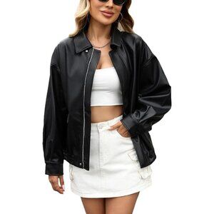 Women's Black 5 Faux Leather Lapel Collar Zip Up Long Sleeve Short Coat Jacket